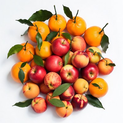 Fresh Oranges Apples Peaches with Leaves