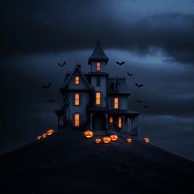 Haunted House with Pumpkins and Bats