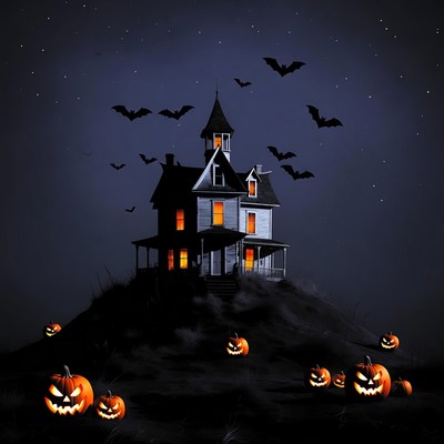 Haunted House with Bats and Pumpkins