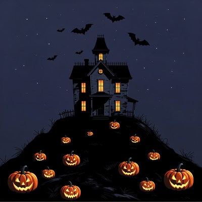 Haunted House with Pumpkins and Bats