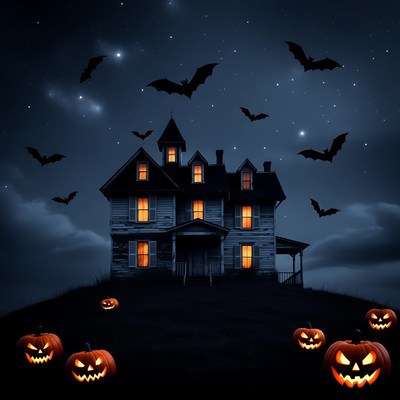 Haunted House with Bats and Pumpkins