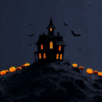 Haunted House with Pumpkins and Bats