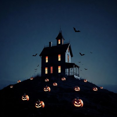 Haunted House with Pumpkins and Bats