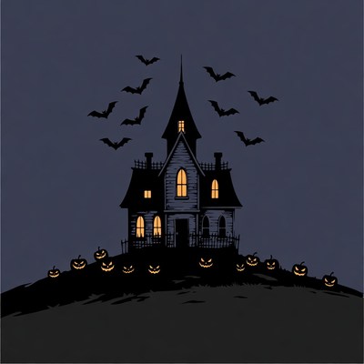 Haunted House with Bats and Pumpkins
