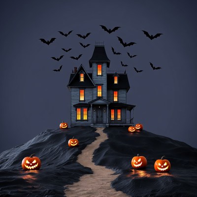 Haunted House with Bats and Pumpkins