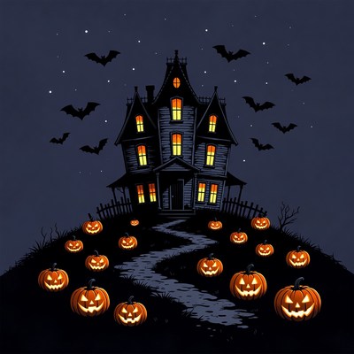 Haunted House with Pumpkins and Bats