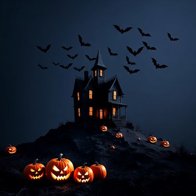 Haunted House with Pumpkins and Bats