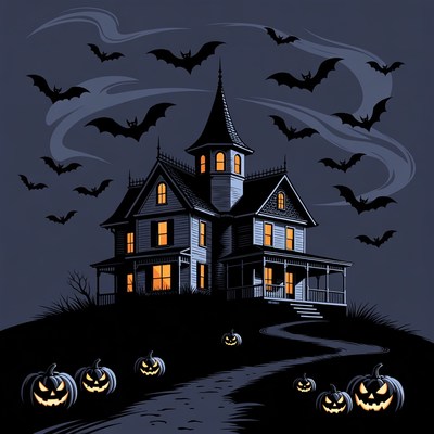 Haunted House with Bats and Pumpkins