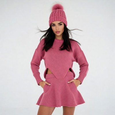 Woman in pink knit sweater hat skirt