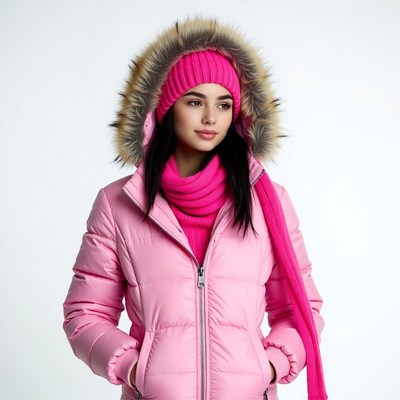 Woman in pink fur hood jacket