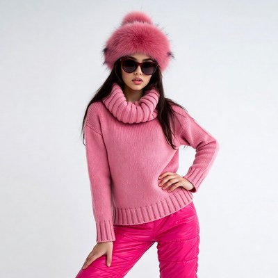 Asian woman in pink fur hat and outfit