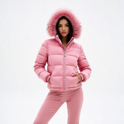 Woman in pink puffer jacket with fur hood