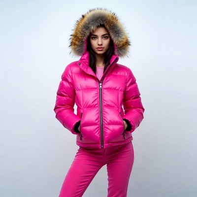 Woman in pink fur hood jacket