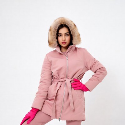 Woman in pink fur hood coat