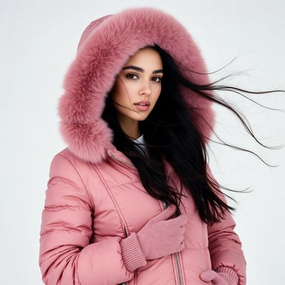 Woman in pink fur hood jacket