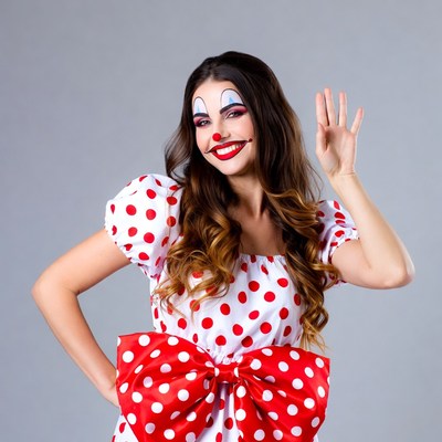 Woman in clown costume waving