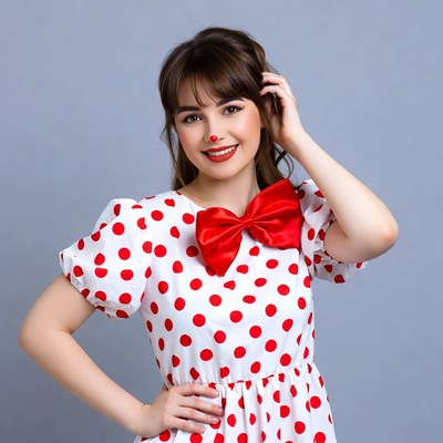 Woman in red polka dot dress with bow