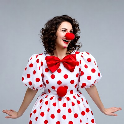 Woman in clown costume with red nose