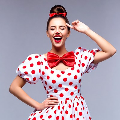 Woman in polka dot dress making thinker pose