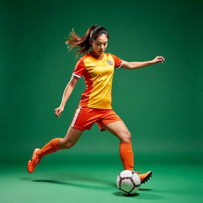 Asian woman kicking soccer ball