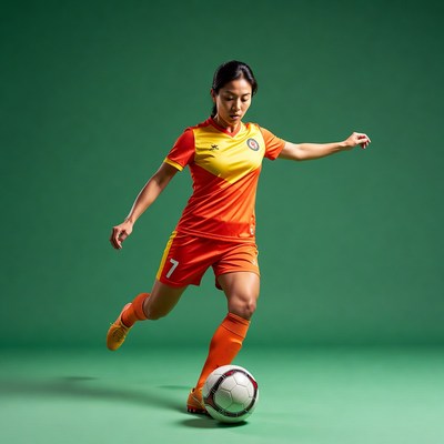 Asian woman kicking soccer ball