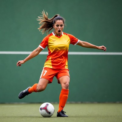 Woman kicking soccer ball