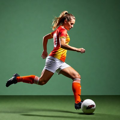 Female soccer player kicking ball