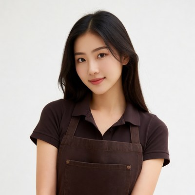 Asian woman in brown apron