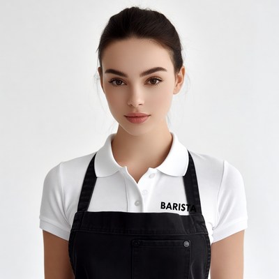 Barista woman in white polo apron
