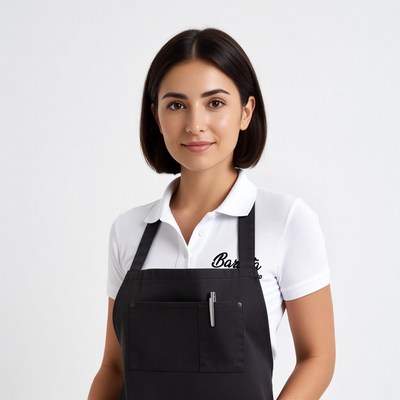 Smiling Latina barista in white shirt