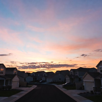 Suburban houses at sunset