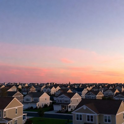 Suburban neighborhood at sunset