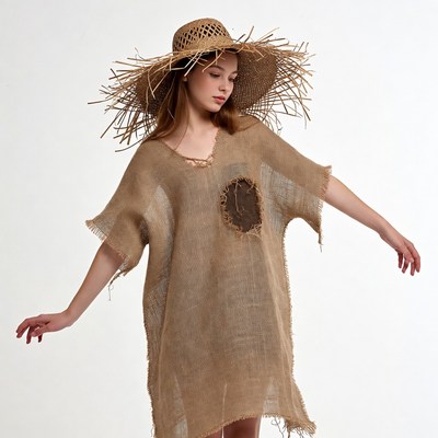 Girl in straw hat and burlap dress