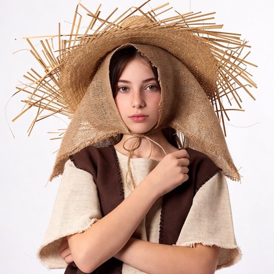 Girl in straw hat and burlap peasant costume