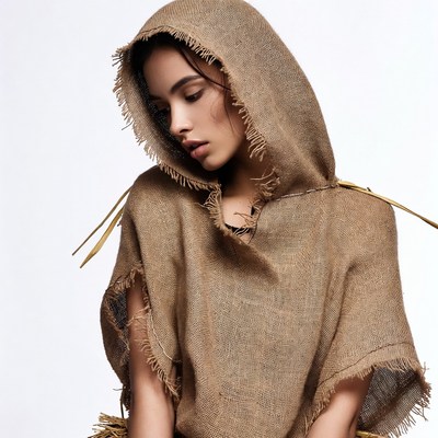 Woman in burlap hood portrait