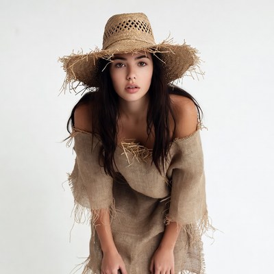Woman in straw hat and burlap dress