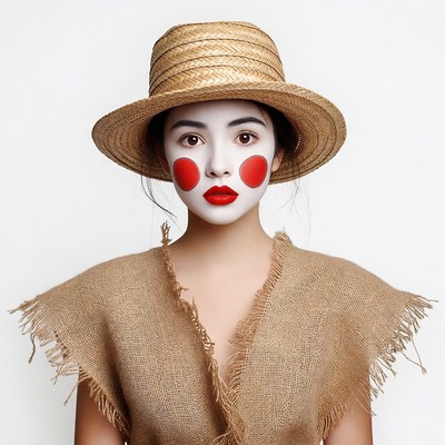 Asian woman in straw hat with clown makeup