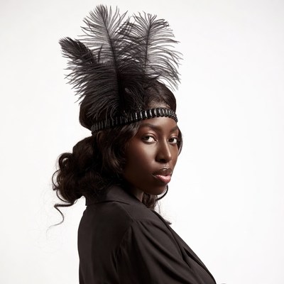 African-American woman in black feather headband