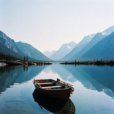 Rowboat on Calm Mountain Lake