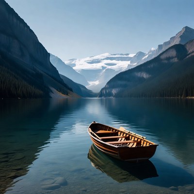 Wooden Rowboat on Mountain Lake