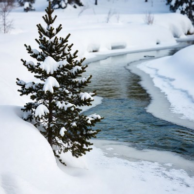 Snowy Pine Tree by Icy Stream