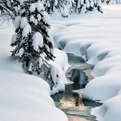 Snowy Creek Among Pine Trees