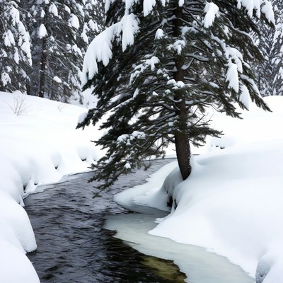 Snowy Pine Trees by Stream