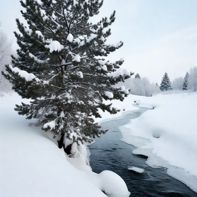 Snowy Pine Tree by Frozen River
