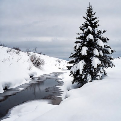 Snowy Fir Tree by Frozen River