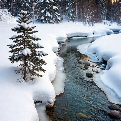 Small pine tree by snowy river