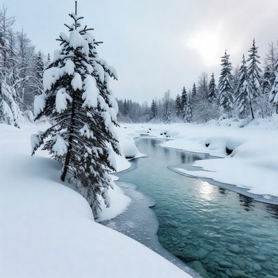 Snowy fir tree by frozen river