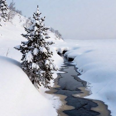 Snowy fir tree by frozen stream