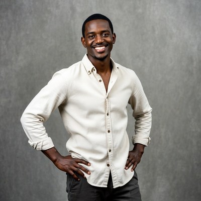 African-American man smiling with hands on hips