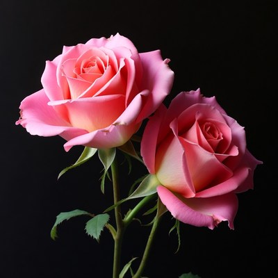 Two Pink Roses on Black Background